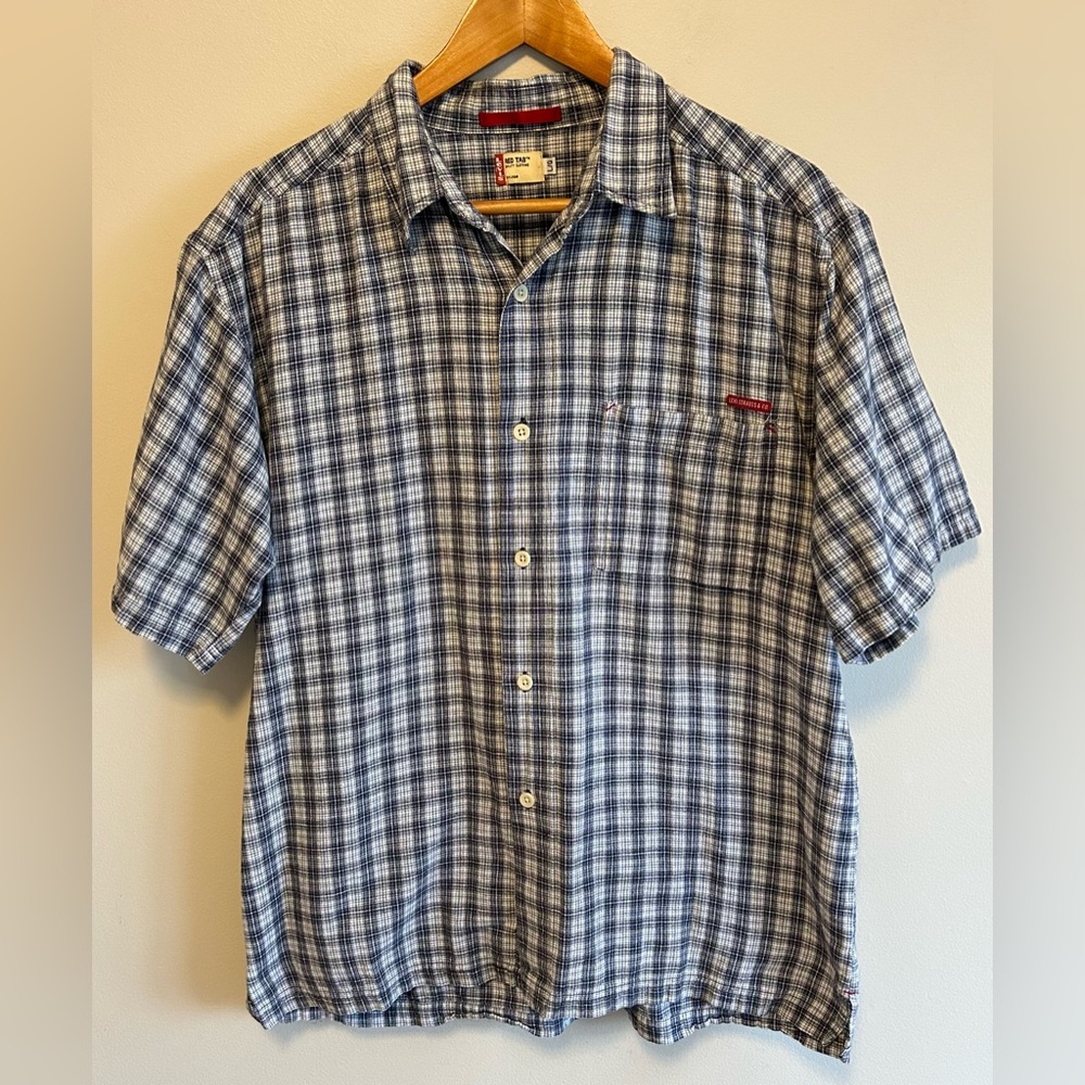 Vintage Levi’s Red Tab Men’s Blue & White Plaid Shirt - Size L Cotton Linen